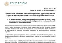 Apertura de planteles educativos públicos y privados estará sujeta a las disposiciones sanitarias vigentes